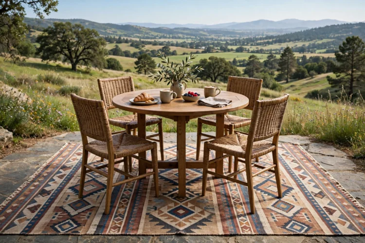 Patterned flatweave rug under a round breakfast nook table