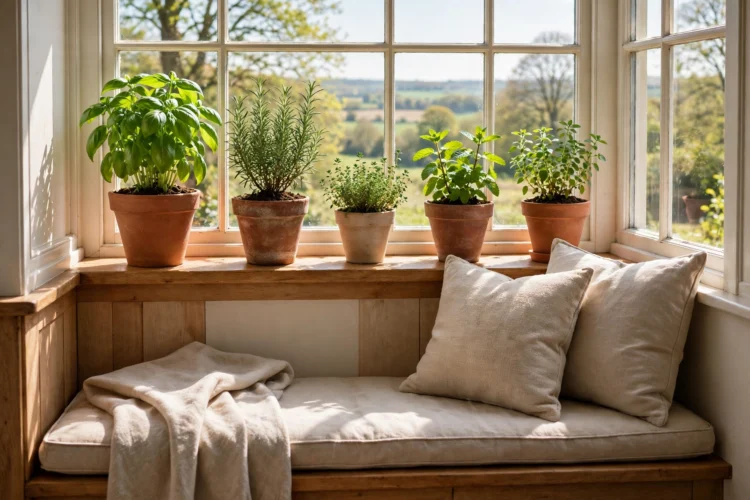 Herb pots on a sunny window sill above a breakfast nook bench