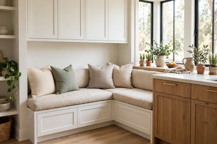 L-shaped built-in banquette bench in a bright kitchen corner