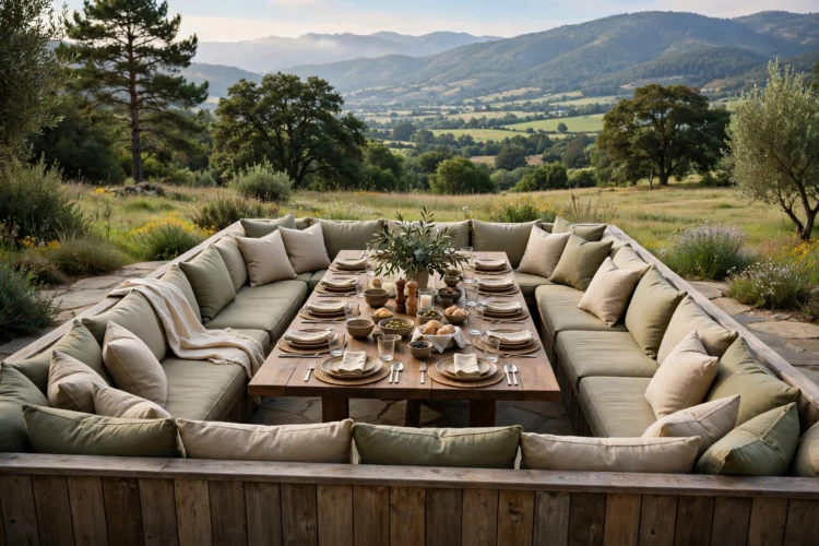 U-shaped banquette wrapping a dining table for a large family