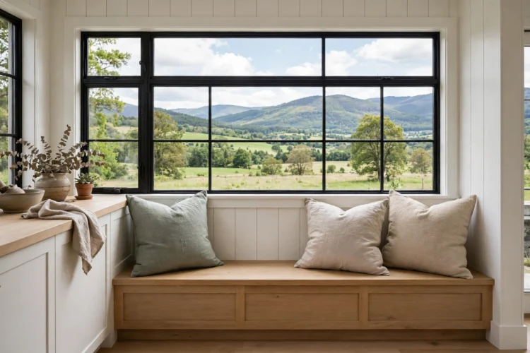 Straight banquette bench under a kitchen window with cushions