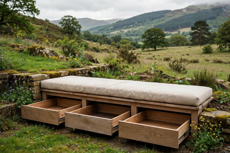 Banquette bench base with open storage drawers underneath