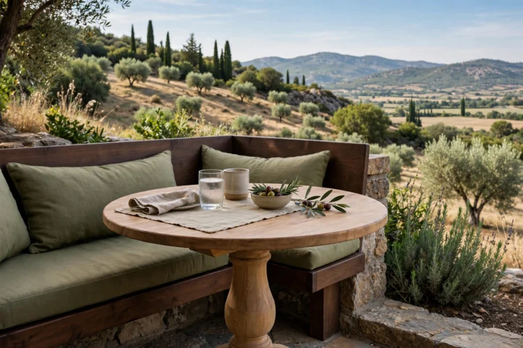 Pedestal dining table tucked close to a banquette bench