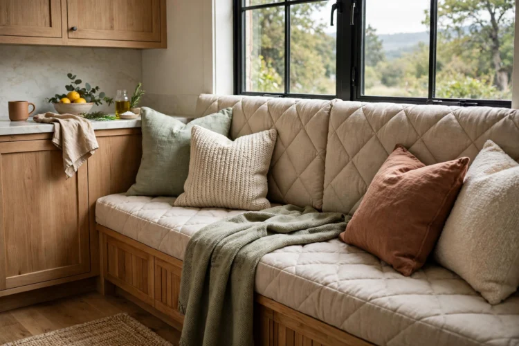 Padded backrest and throw pillows on a kitchen banquette
