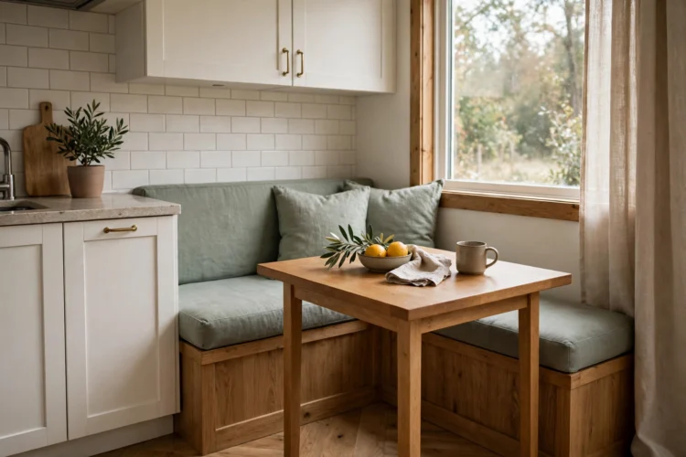 Compact banquette bench in a small kitchen with a square table