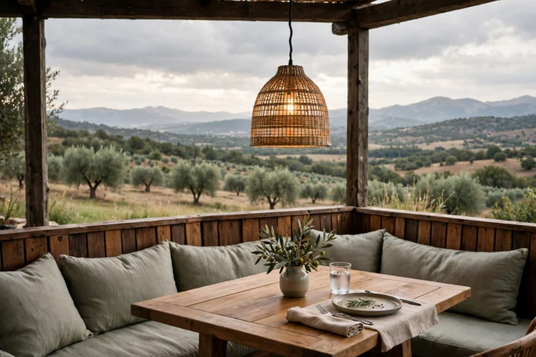 Pendant light hanging over a banquette dining table