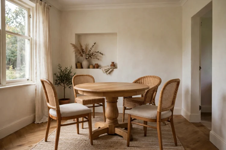Round pedestal dining table with four chairs in a small dining room