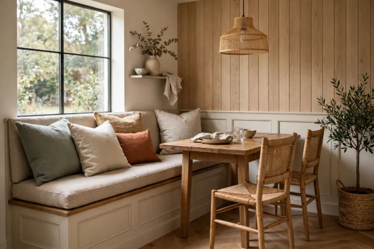 Banquette bench with cushions along the wall of a small dining room
