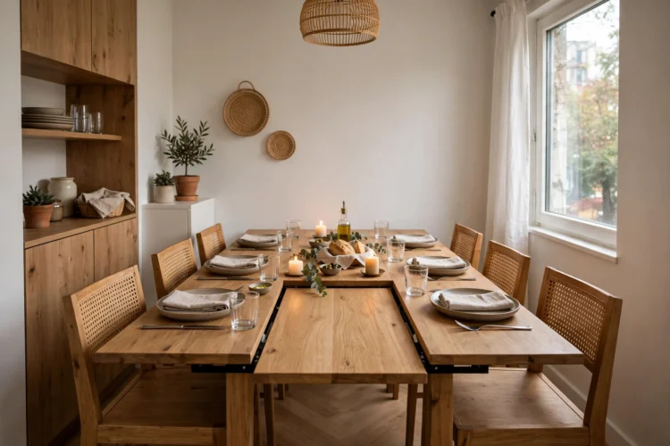 Extendable dining table opened for guests in a compact dining room