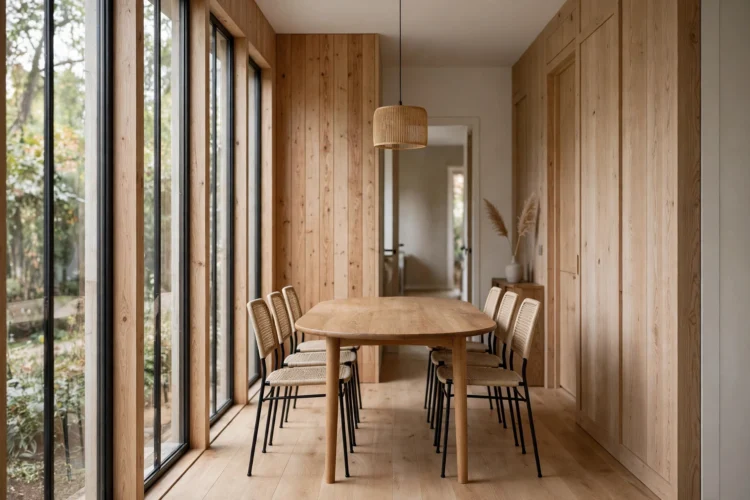 Oval dining table with slim chairs in a narrow dining room