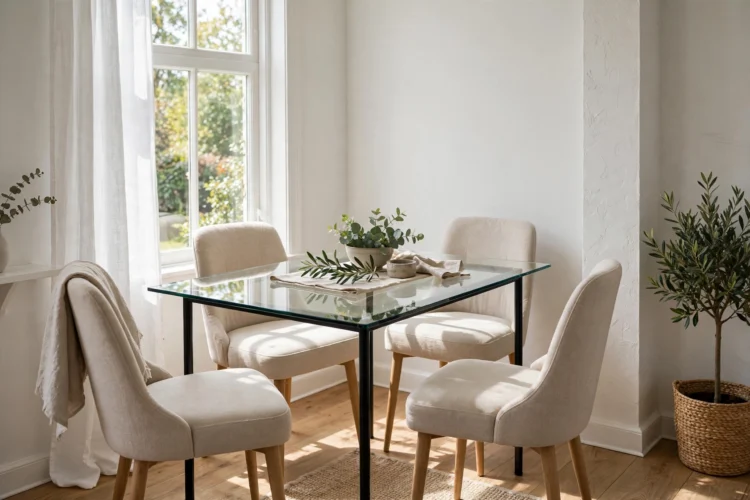 Glass top dining table with upholstered chairs in a small bright room