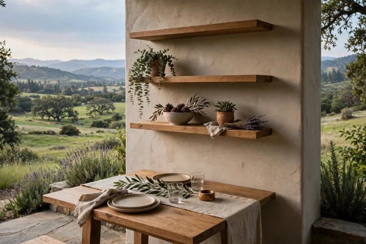 Dining table pushed against the wall with floating shelves above