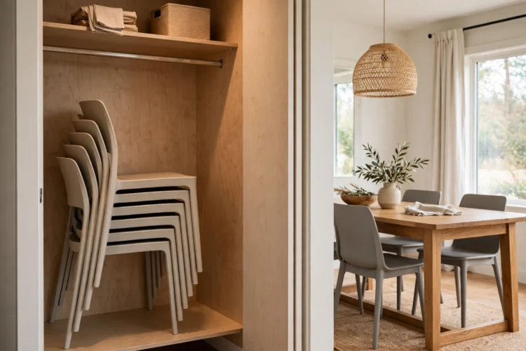 Stackable dining chairs stored neatly in a closet beside the dining room