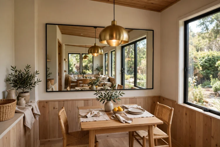 Pendant light and mirror making a small dining room feel larger