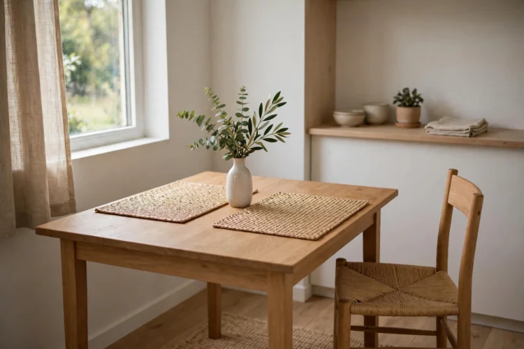 Clear dining table with a small vase and placemats in a tidy small room