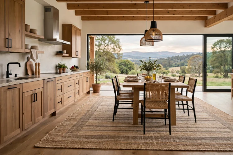 Large rug defining a dining table zone in an open plan kitchen
