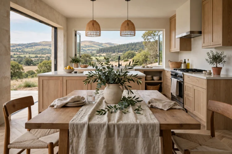 Styled dining table with runner and vase inside an open kitchen