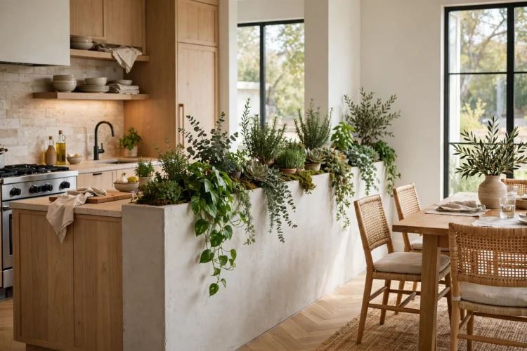 Low half-wall with plants dividing kitchen and dining areas