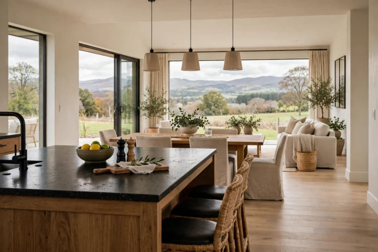 Kitchen island facing a dining table in an open plan space