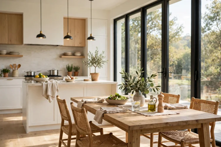 Dining table placed beside large windows in a bright open kitchen