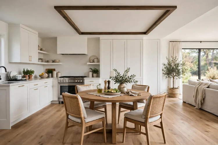 Round dining table fitting a square zone in an open plan kitchen