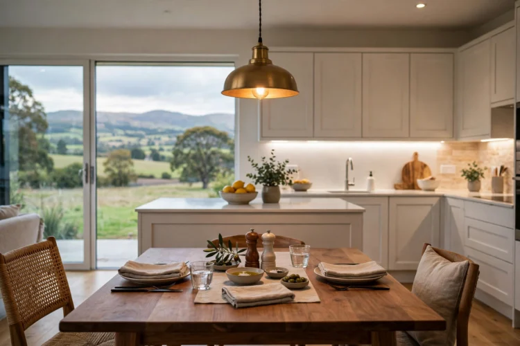 Warm pendant over a dining table with bright kitchen task lighting