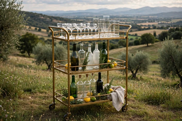 Three-tier bar cart styled with bottles below and glasses on top