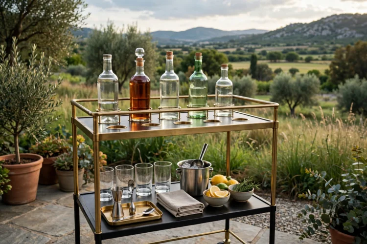 Tidy bar cart with bottles in fixed spots ready for guests