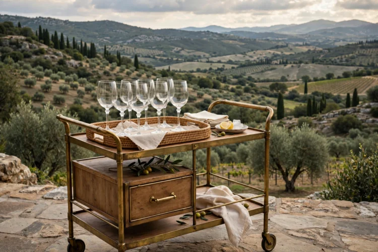 Bar cart glassware arranged neatly on a tray with stemmed glasses