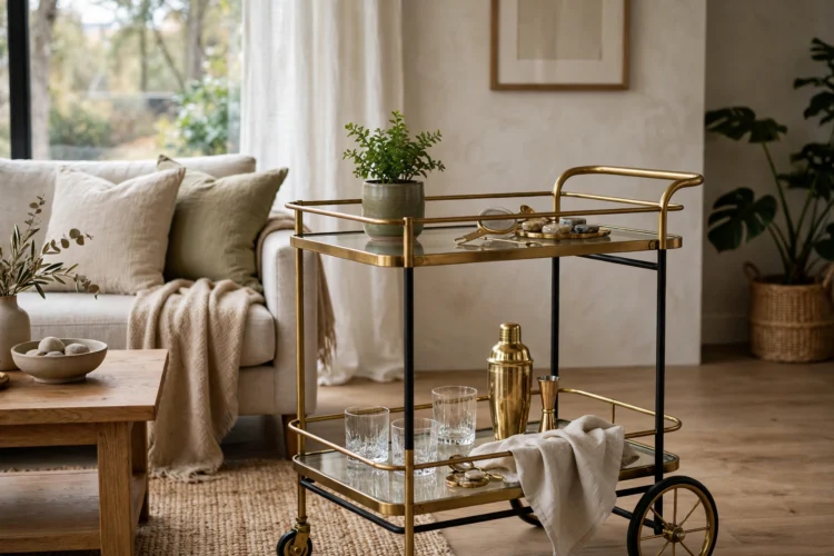 Small green plant on top of a styled bar cart in a living room