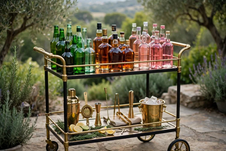 Bar cart bottles grouped by color with brass bar tools