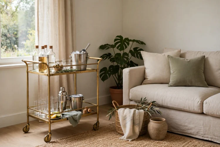 Bar cart placed in a living room corner beside a sofa