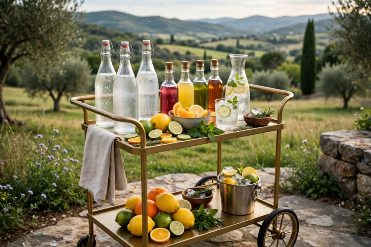 Non-alcoholic bar cart with sparkling water, syrups, and citrus