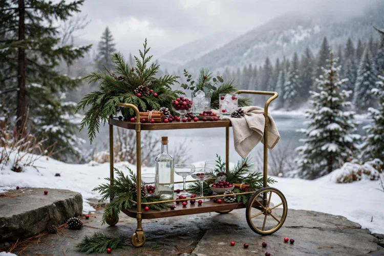 Bar cart styled for winter with evergreen sprigs and cranberries