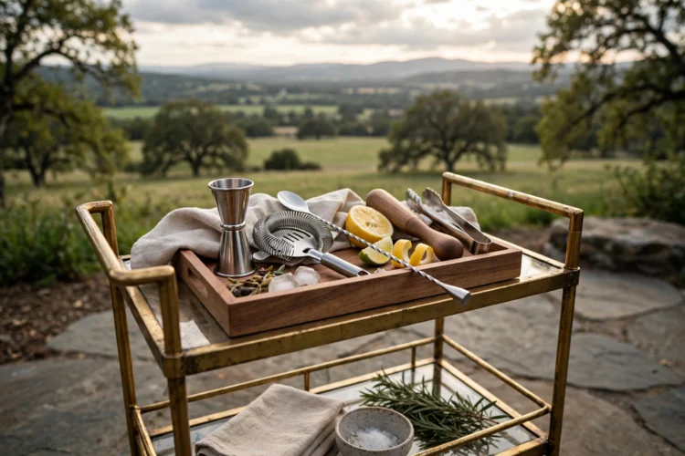 Bar tools arranged on a small tray on a bar cart