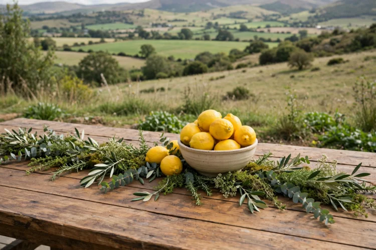 Low greenery runner with a bowl of lemons on a wooden dining table
