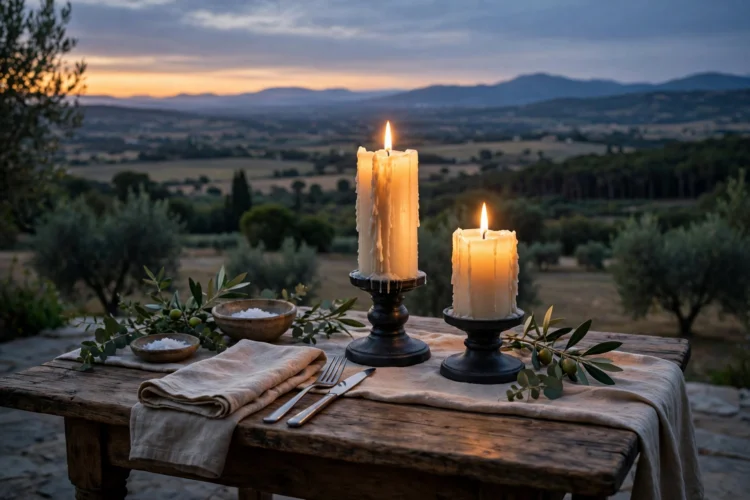 Candles at two heights glowing on a dining table at dusk