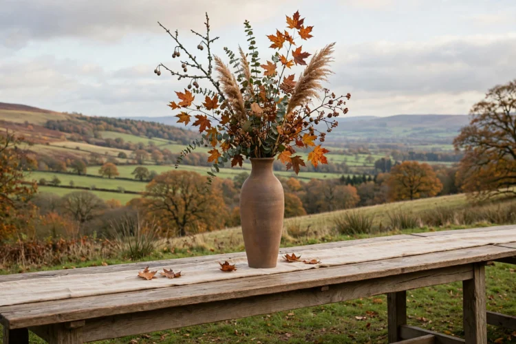 Tall vase with seasonal branches on a long dining table