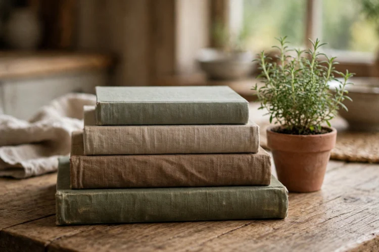 Stack of cookbooks with a small potted herb on a dining table