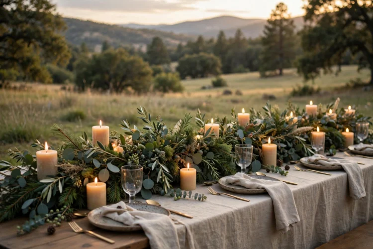 Long garland centrepiece with candles running down a party table