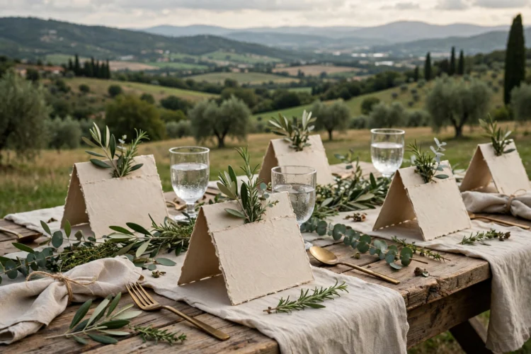 Handwritten place cards with greenery sprigs at a dinner table