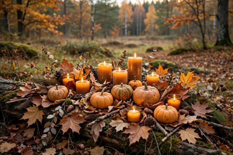 Autumn centrepiece with dried leaves, small pumpkins, and amber candles