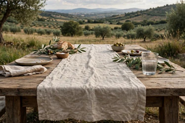 Natural linen runner down the centre of a casual dining table