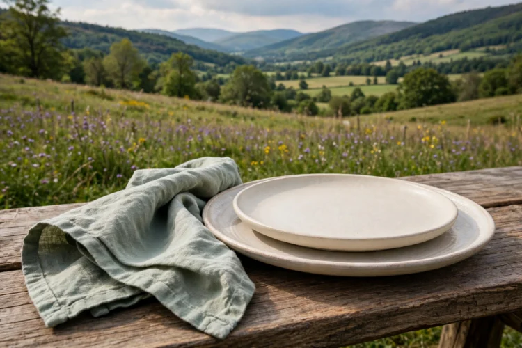 Two layered plates at a place setting with a cloth napkin