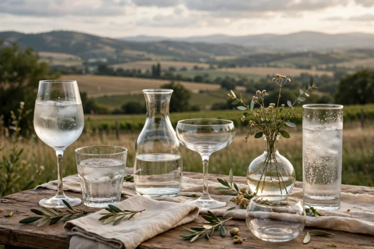 Mixed glassware in different shapes set on a dinner table