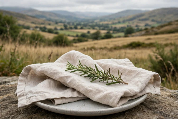 Loosely folded cloth napkin on a plate with a rosemary sprig