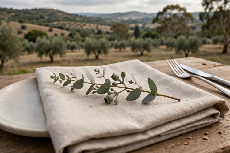 Single eucalyptus sprig laid across a napkin at a place setting