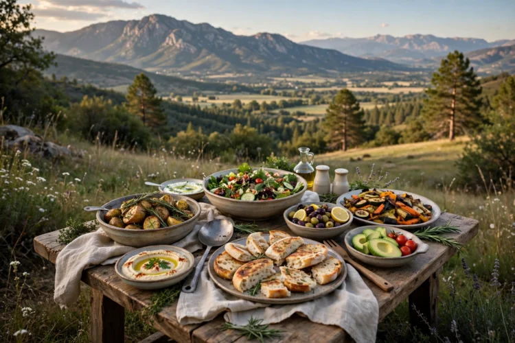 Serving bowls and platters shared family style in the middle of a table