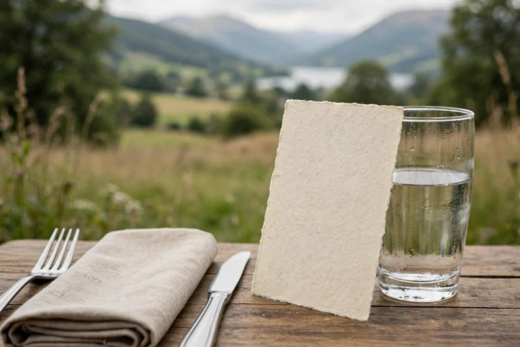 Handwritten menu card leaning against a water glass at a place setting