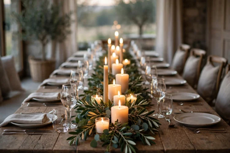 Candles glowing down the centre of a dining table before guests arrive
